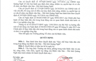 Quyết định về việc Ban hành Quy chế thực hiện dân chủ trong hoạt động của Bệnh viện Sản-Nhi tỉnh Quảng Ngãi